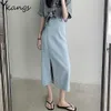 Vintage Simple Side Slit Denim Jupe longue Femme Taille haute Solide Taille haute Jean Jupes Style coréen Femmes Streetwear Vêtements 210619