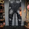 Europeisk stil Herrmodemärke Jean Herr Slimma jeansbyxor Svarta jeans Raka Moto Biker Hole Svarta byxor för män