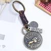 Retro Bronze schijf Keyrering 12 Horoscoopteken Keychain Leather Weave Bag Hang Hanger Rings For Women Men Fashion Jewelry