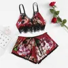 Printing Spaghetti Strap Women Pajama Set V-Neck Print Lace Striped Lingerie Set Sexy Female Summer Bra pants Sleepwear Suit Q0706