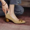 Sapatos de vestido quadrado dedo do pé médio saltos mulheres bombas para o trabalho decoração de metal alta barco shos diariamente 2022 outono fasion blue