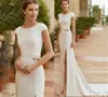 Ivory Bride Gowns High Slit Mermaid Satin Modern Wedding Dresses Flowers Scoop Neckline Cap Sleeves Plus Size 2022