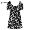 Yitimuceng Floral Print Bow Lace Up Hohe Taille Kleider Frauen Slash Neck A-line Kleidung Sommer Französisch Mode Mini Kleid 210601