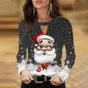 Women's Blouses & Shirts Christmas Printed Blouse Long Sleeved Round Neck Santa Print Hollow Out Pullover Tops Ladies Casual Loose