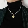 LiiJi Unique White Baroque Pearl Necklace Gold Color Fashion Style Coin Charm Choker Necklace 45cm For Women Girl Jewelry Gift X0707