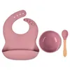 Ensemble d'alimentation pour bébé Vaisselle Ustensiles Bavoirs en silicone de qualité alimentaire Assiette Bol à succion antidérapant Vaisselle pour enfants Cuillère à bavoir étanche avec manche en bois 3pcs / Set Sea Ship YL424