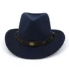 Western Cowboy Hat European US Wide Brim Woolen Jazz Hat med läder dekorerade trilby fedora hatt storlek 56-58cm