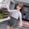 새로운 봄 솔리드 백색 블라우스 활 만다린 칼라 셔츠 여름 한국 학교 옷 소녀를위한 210306