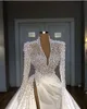 Vintage 2022 Plus Size Perlen Meerjungfrau Brautkleider Brautkleider mit abnehmbarer Schleppe V-Ausschnitt Langarm High Side Split Robe d227Y