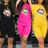 Elastic Waist Solid Color Shorts Set Women Tracksuit 2 Piece Set Plus Size Big Lips Print 2 Piece Set Tops And Pant Clothes 210527