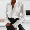 Women's Blouses & Shirts V-neck Women Elegant Blue White Ruffles Front Buttons Retro Office Lady Spring Autumn Long Sleeve Casual Tops