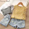 Humour Bear Bear Girls Vêtements d'été Neuf Enfants Dentelle Stripe Girl Tops + Denim Pantalon 2pcs Set Ensemble de vêtements pour bébé X0902