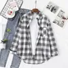 Camisa de flanela xadrez de outono Bloups and Tops Retro Cotton Lady Loose Outwear Chemisier femme 210226