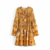 Vintage Chic Kadınlar Çiçek Baskı Uzun Kollu V Yaka Ruffles Plaj Bohemian Elbise Püskül Rayon Mini Boho Elbise Vestidos T200320