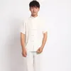 メンズスリープウェアカジュアルメンコットンリネンパジャマスーツシャツパンツズボンチャイニーズスタイルの男性の手作りボタンパジャマセットホームウェア