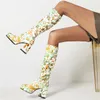 Boots 2021 Women Fashion Autumn Luxury Block 9cm High Heels Thigh Knee Flower Print Long Boot Designer Shoes