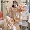 Caiier meisjes paars gecontroleerde pyjama set nachtkleding voor vrouwen lange mouw broek losse Koreaanse versie Homewear pak 210622