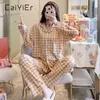 Caiier meninas roxo checked pijama conjunto sleepwear para mulheres calças de manga comprida solta versão coreana terno caseiro 210622