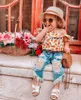 2 stks Baby Girls Peuter Pineapple Clothes Kids Off Shoulder Tops + Ripped Denim Shorts Outfits Set 360 U2