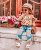 2pcs baby girls toddler ananas kläder barn utanför axel toppar + rippade denim shorts outfits set 360 u2