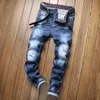 Mens Designer Fashion Washed Blue Jeans Classic Skinny Denim Scratched Distressed Biker Jean Pants 265T