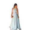 Simple bleu clair en mousseline de soie robes de soirée en satin une épaule plis découpé longue cape manches robes de bal femmes plus la taille