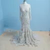 2022 Amazing Lace Bröllopsklänning med Illusion Appliques Långärmade Pärlor Zipper Mermaid Klänningar för Bride Real Image