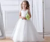Fildişi Dantel Balo Çiçek Kız Elbise Düğün Boncuklu Toddler Backless Pageant Törenlerinde Tül Aplike Sweep Tren Çocuklar Balo Elbise