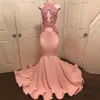 Halter Neck Sleeveless Robe de Soiree Party Abiye Peach-rosa sjöjungfruklänningar spetsar applikationer lång prom klänning formella dres