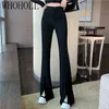 Hög midjabyxor Kvinnor Byxor Casual Office Lady Front Slit Elastic Pencil Sexy Ladies Skinny Workwear 211115