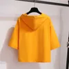 女性のスウェットショートクロッピングパーカー長袖ファッションKPOP服女性トラックスーツかわいいカワイイトップスソリッドレターパステル210809