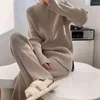 REALEFT Autumn Winter 2 Pieces Women Sets Knitted Tracksuit Half Turtleneck Sweater+Wide Leg Jogging Pants Pullover Suits 211109