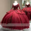 Princess Ball Pown Twineanera Платья Burgundy Официальные Официальные выпускные платья Кружева Сладкие 15 16 Платье Длинные Рукава