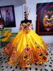 Yellow prom jurken Sweetheart halslijn bloemen borduurwerk satijn 1/2 halve mouwen plooien avond feestjurk vloer lengte formele ocn slijtage Vestidos 403