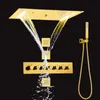 Misturador de chuveiro termostático polido de ouro de luxo 70x38 cm banheiro liderado por alto fluxo Cachoeira de chuva Sistema de chuveiro escondido