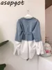 Koreanska sömmar Fake Two Piece Långa Långärmad Singel Breasted Slank Waist Lace Up Vintage Denim Coat Women Jacket Sashes 210610