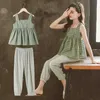 Summer Children Sets Casual Strap Plaid Ruffles Tops Solid Trousers 2Pcs Girls Clothes 3-12T 210629
