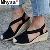 2021 Fashion Wedges Kvinnor Sommar Sandaler Plattform Cross Elastic Band High Heel Casual Outdoor Beach Sandalias Mujer Y0714