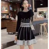 Elegante dama otoño invierno vestido ropa mujer 2020 nueva moda manga larga vintage cuadros impresión casual tejido suéter vestidos g1214