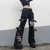Pantaloni da uomo Y2K Punk Skull Print Black Buckle Harajuku Pantaloni a vita alta con tasche grandi Goth Mall Grunge Cargo Techwear