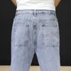 Mäns Jeans Wide Leg Men Vår Sommar 2022 Ljus Blå Straight Cut Loose Fit Baggy Ankellängd Byxor Mens Denim Kläder