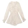 Vielleicht U Beige Chiffon Rüschen V-Ausschnitt Langarm Pailletten Playsuits rückenfrei aushöhlen J0014 210529