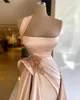 Elegant One Shoulder Satin A Line Prom Dresses Beaded Ruched High Split Sweep Train Formal Party Evening Gowns BC