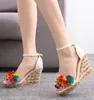 Colorful Flower Fish Mouth Wedge Sandals Women White One-word Buckle Fashion Sandals Summer Comfortable and Breathable Ladies Shoes