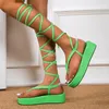 Sandals Women Summer Lace Up Black Green Thick-soled Sexy Ladies Mid-calf Strap Shoes Cross-tied Female Sandalias Mujer 36-43