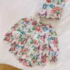 Doğan Bebek Çiçek Romper Kızlar Kore Uzun Kollu Rompres Şapka Sonbahar Bebek Pamuk Sleepsuit Giysileri ile 210615