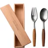 Western Fork Spoon Travel Set Stainless Fork Spoon Wooden Handle Cutlery Japanese Dinnerware Tableware Portable