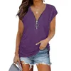 Summer Women Shirts Top Plain Casual T-shirt Short Sleeve Zipper Up V Neck Cotton Blouses Pullover
