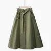 Summer Lace Up Cotton Solid Mid Skirt For Womens High Waist Single-breasted A-line Skirt Women Black High Waist Skirt Femme 210315