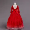 Dresses 2022 Red Lace unique Tulle Flower Gilr Dresses For Wedding Long Sleeve Princess Layers Bow Fall Winter Communion Party Formal Dres